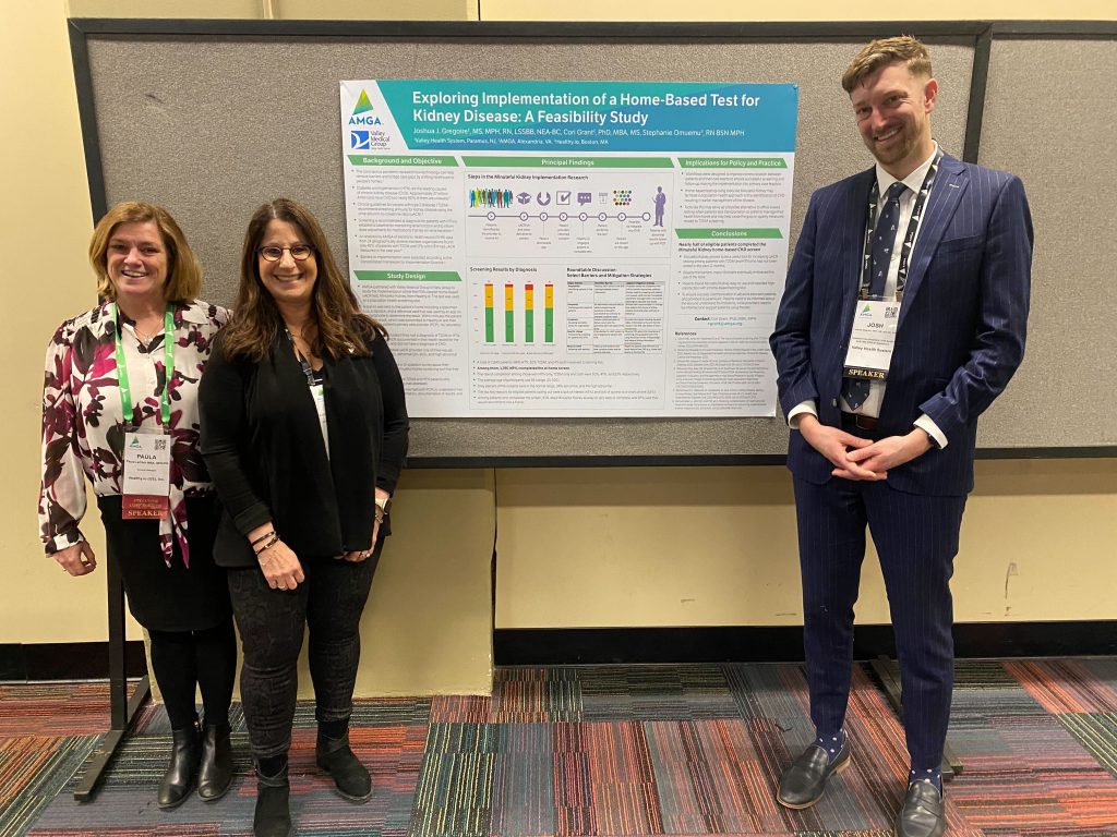 Paula LeClair, Cori Grant (AMGA), and Joshua Gregoire (Valley Medical Group), with the poster presentation.